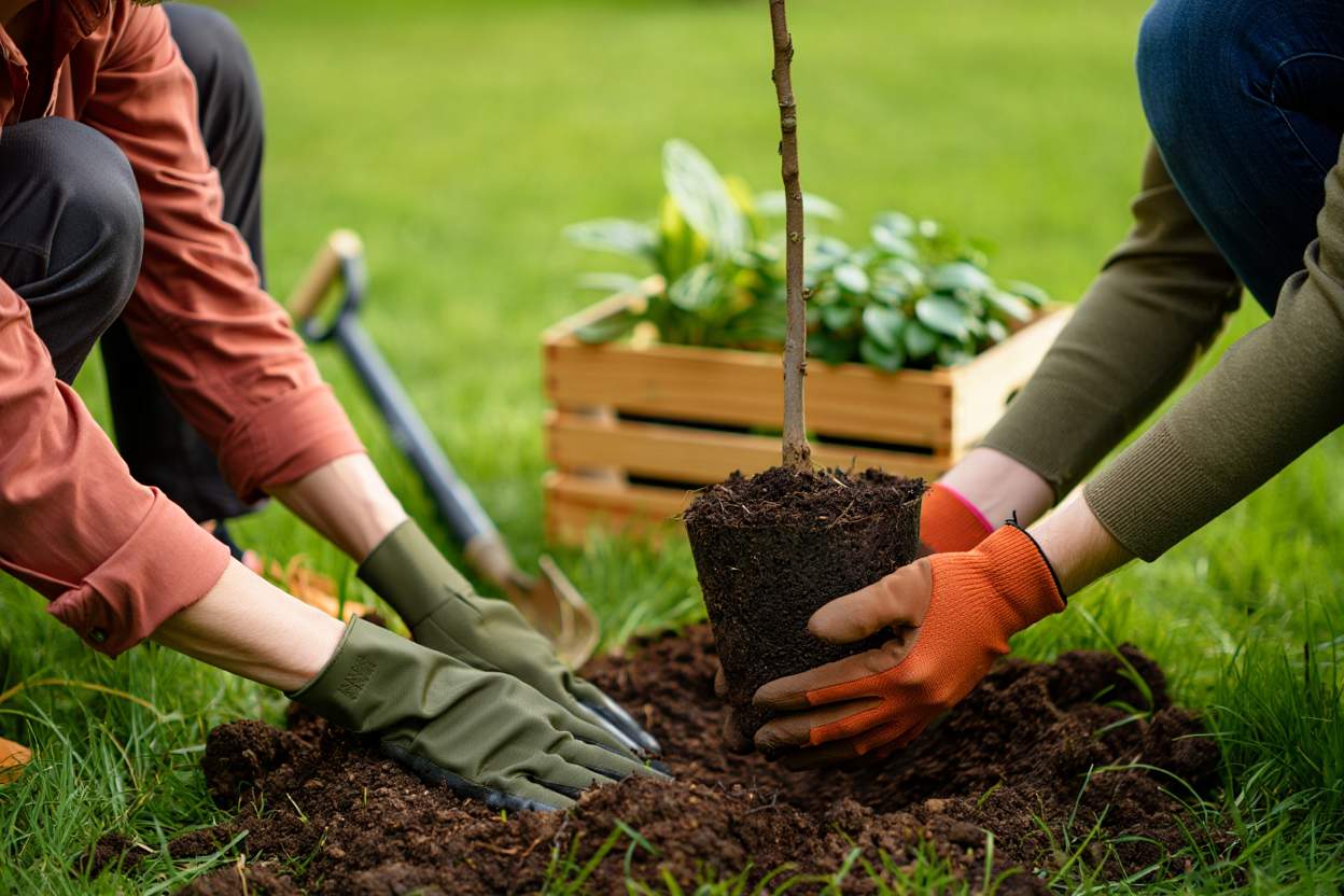 две человека сажают росток дерева в лунку